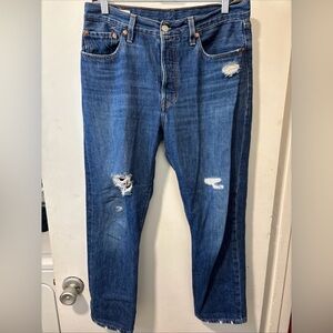 Levi's 501 Button Fly Mens Dark Medium Distressed Wash Denim Jeans Size 29 X 26